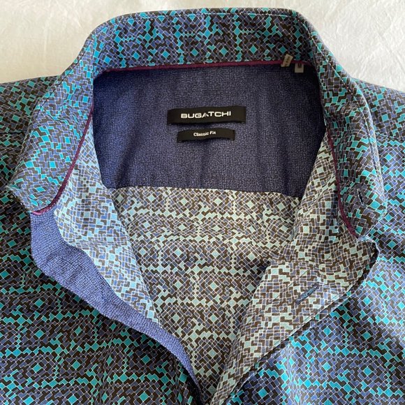 Bugatchi Shirt - Blue/Black/Turquise Patterned - Medium - Classic Fit - Picture 2 of 5